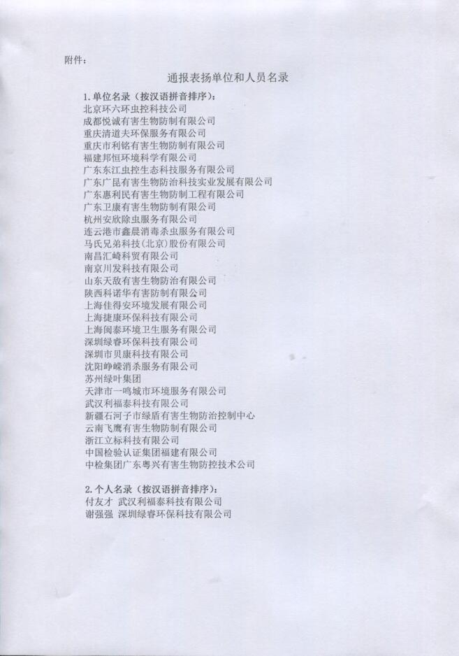 中国卫生有害生物防制协会通报表扬单位